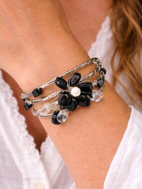 Black Floral Wire Wrap Bracelet Pearl Beaded Statement Cuff